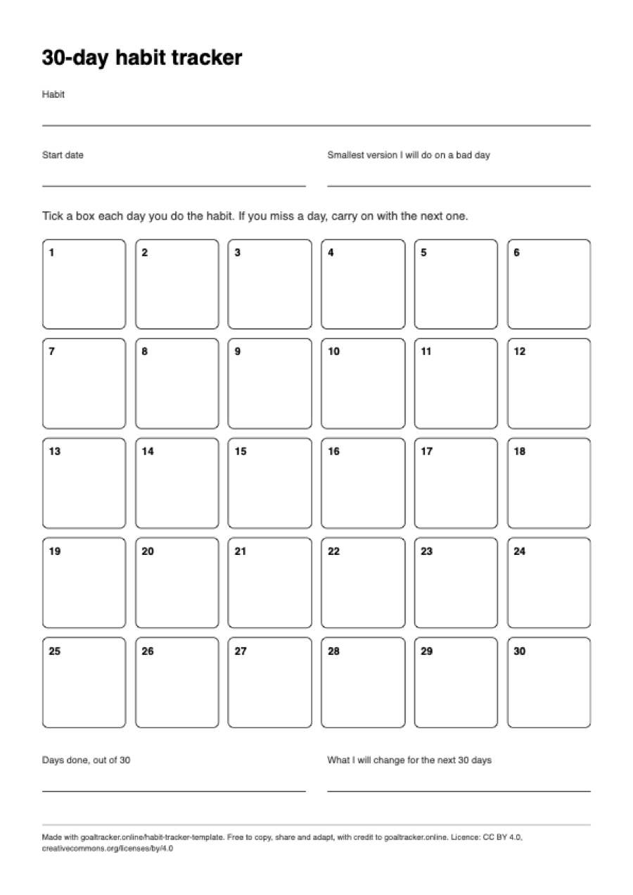 Preview of the blank 30-day habit tracker PDF on A4 paper