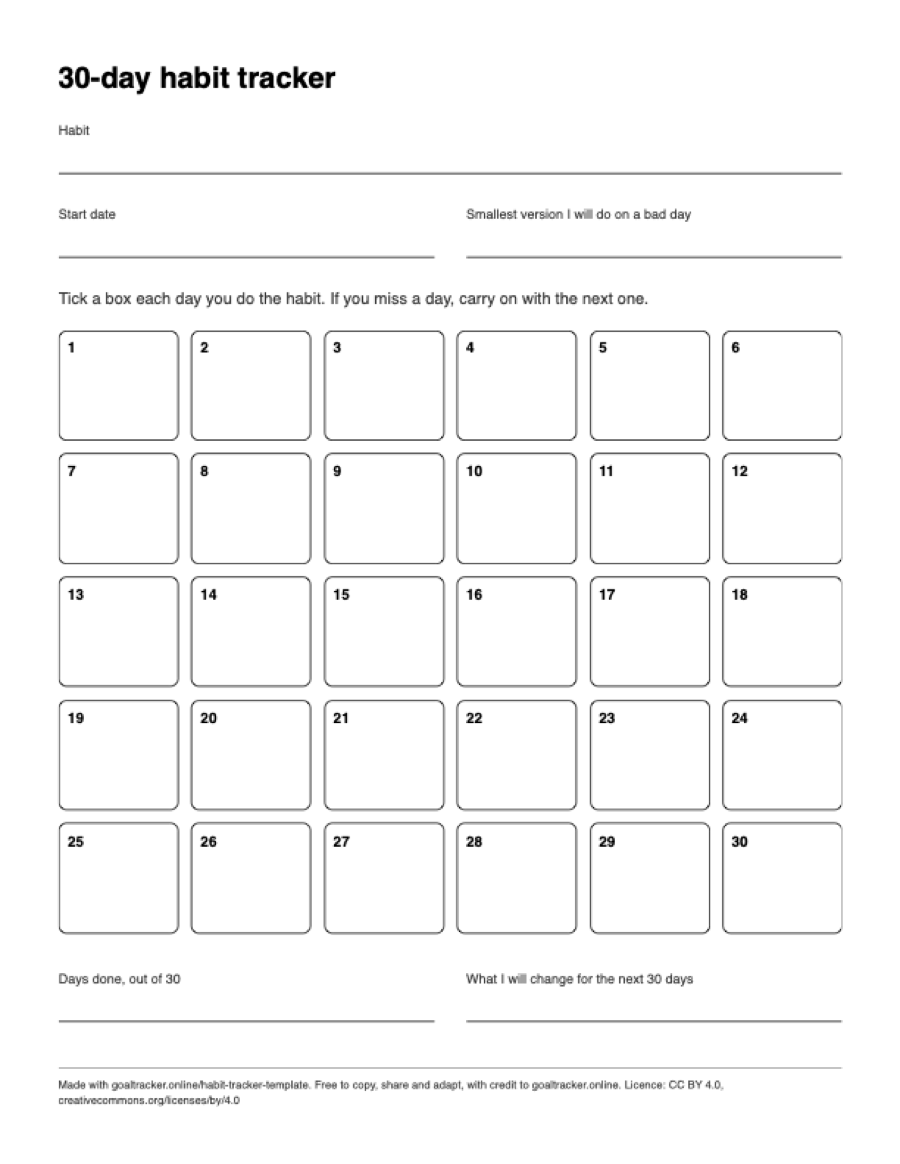 Preview of the blank 30-day habit tracker PDF on US Letter paper