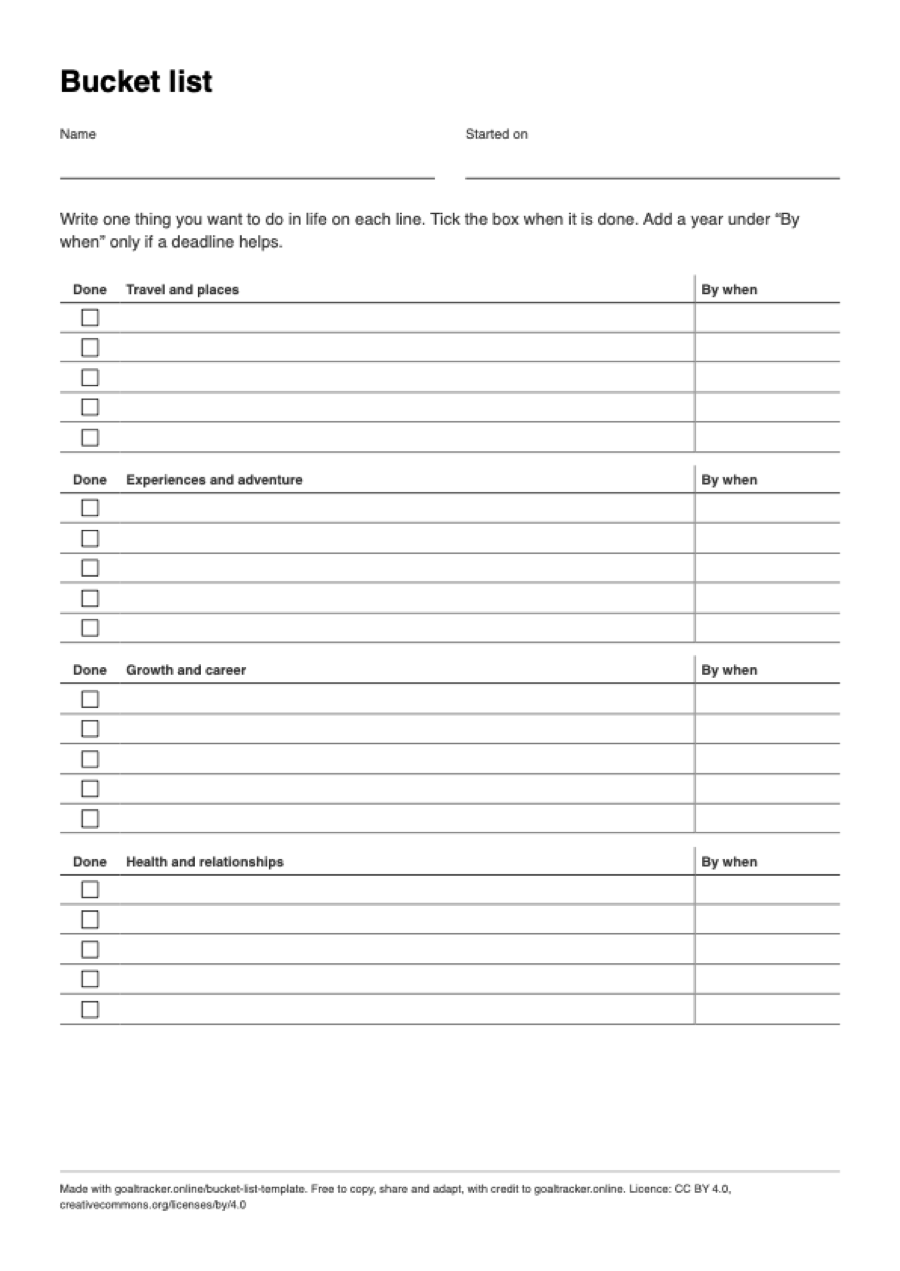 Preview of the blank bucket list template PDF on A4 paper