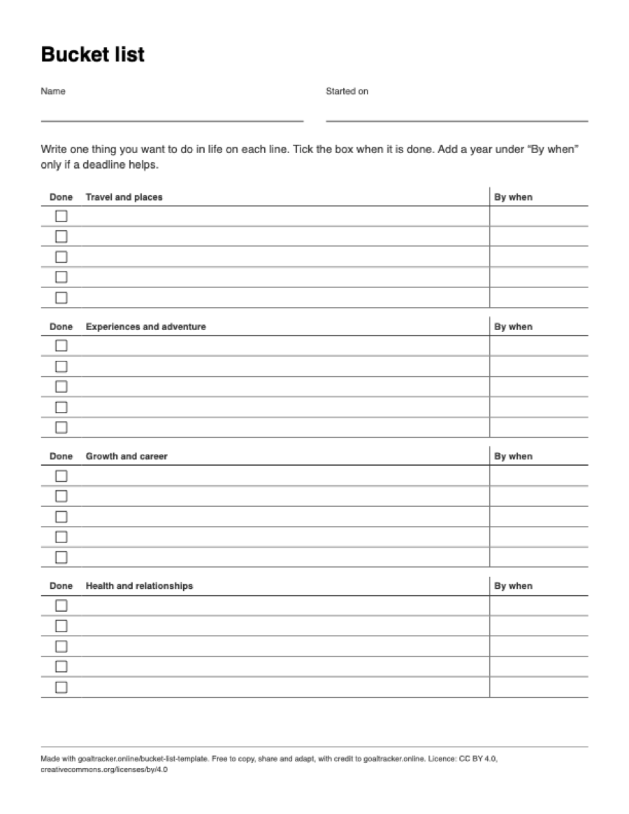 Preview of the blank bucket list template PDF on US Letter paper