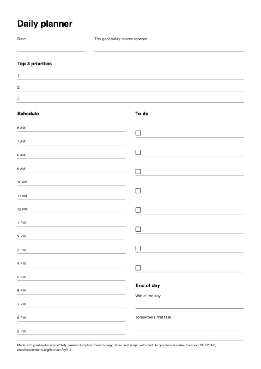 Preview of the blank daily planner template PDF on A4 paper