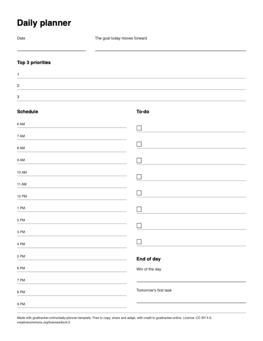 Preview of the blank daily planner template PDF on US Letter paper