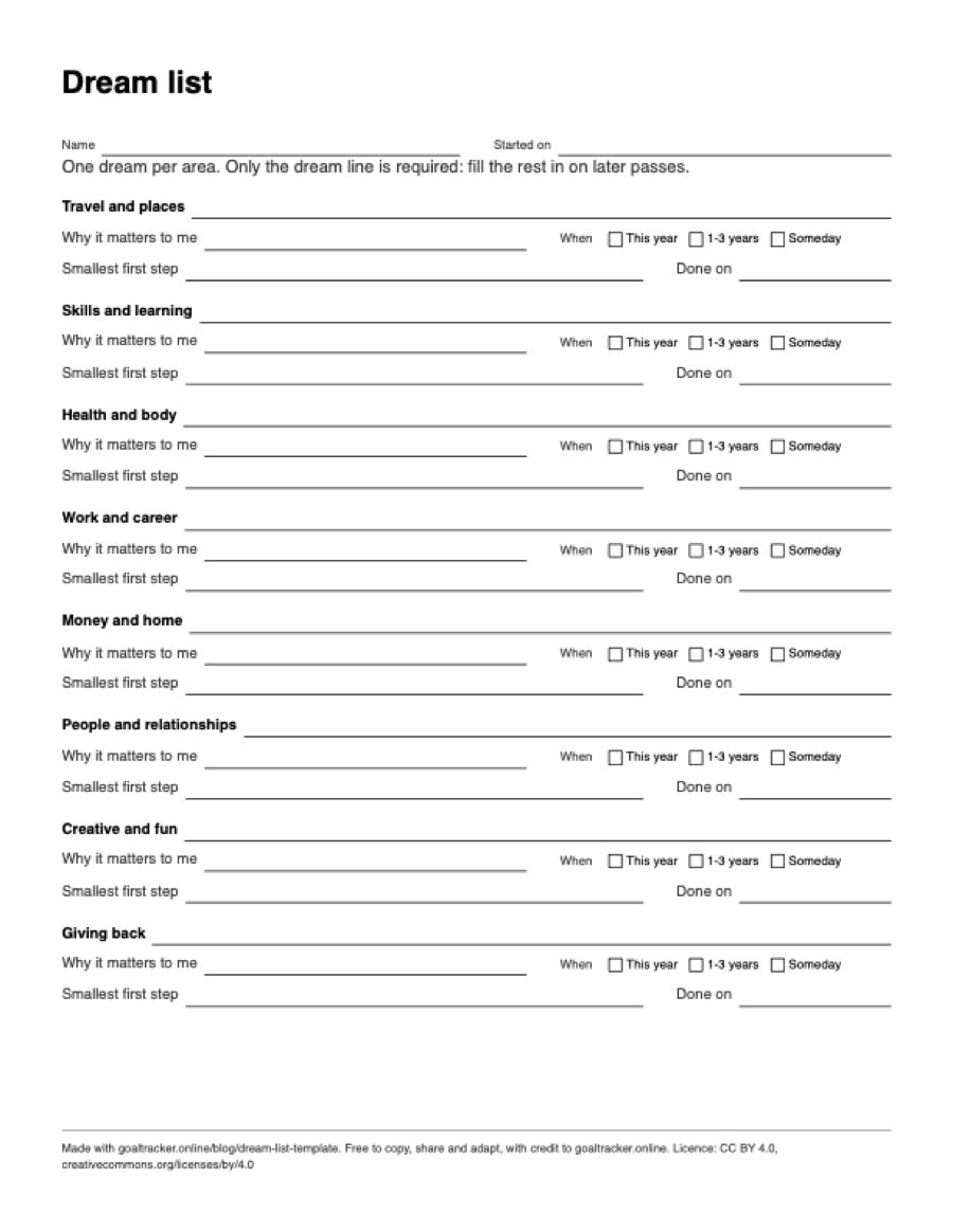 Preview of the blank dream list PDF on US Letter paper