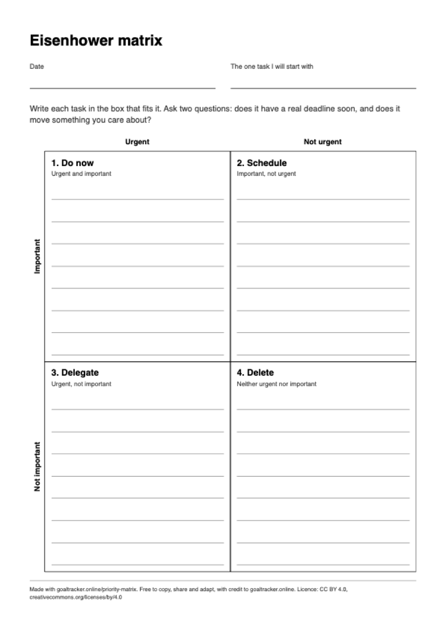 Preview of the blank Eisenhower matrix PDF on A4 paper