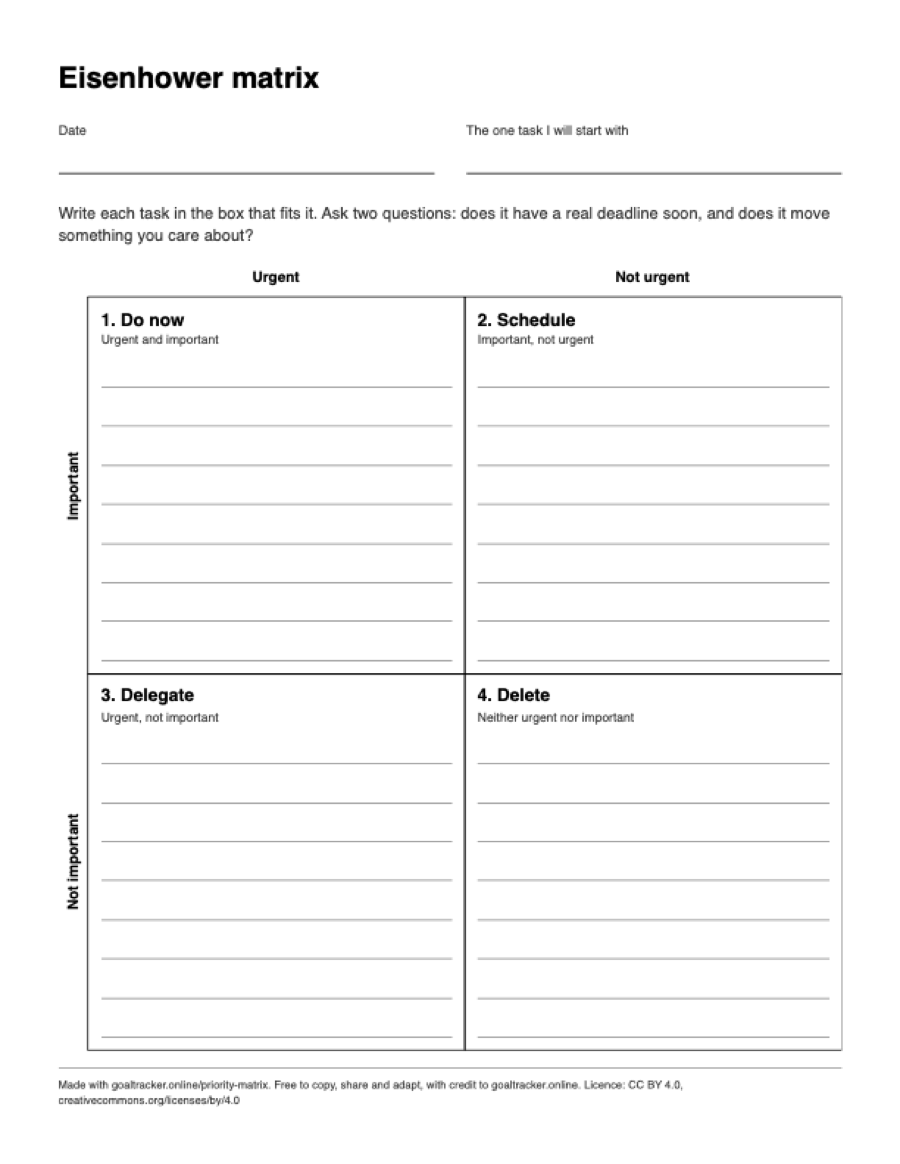 Preview of the blank Eisenhower matrix PDF on US Letter paper