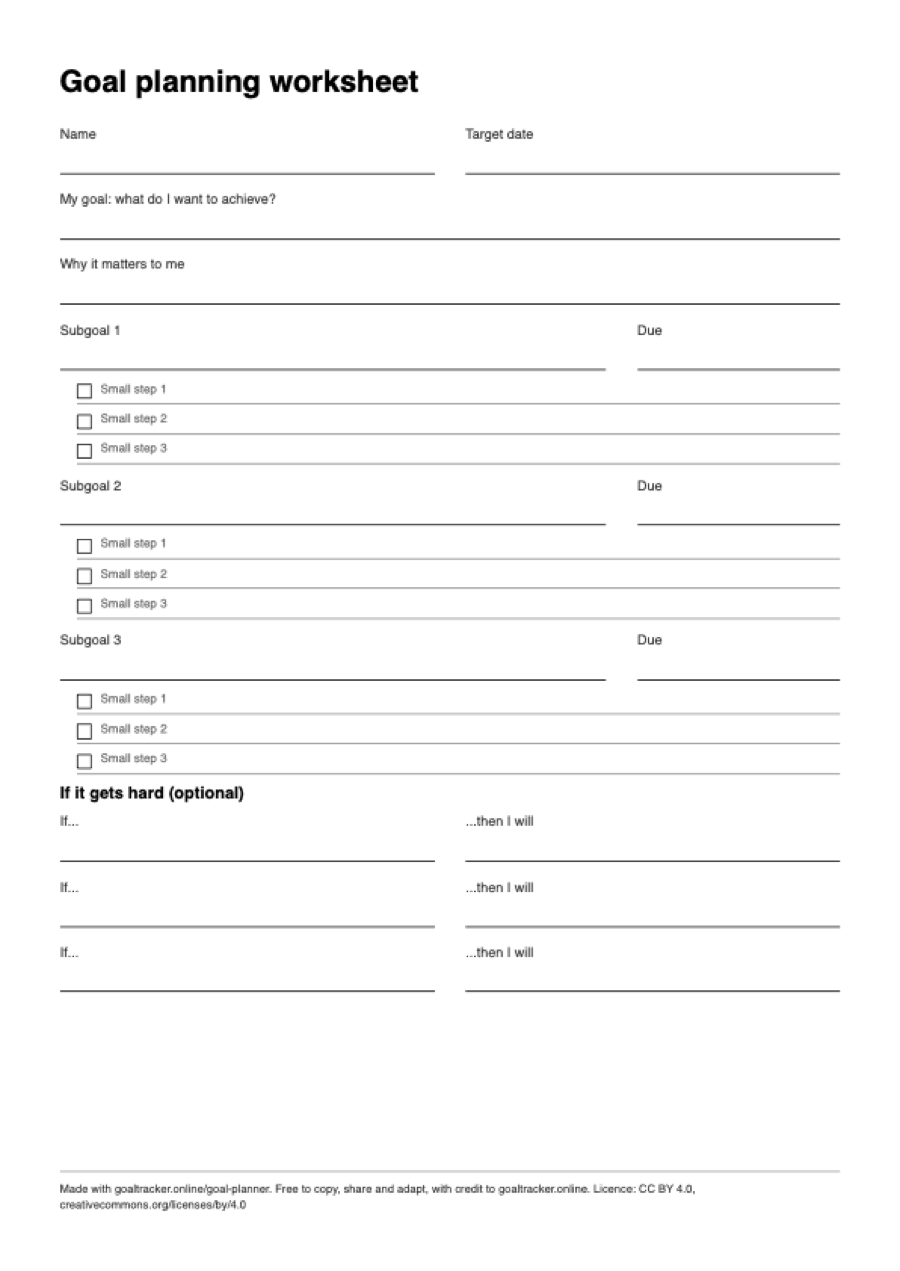 Preview of the blank goal planning worksheet PDF on A4 paper