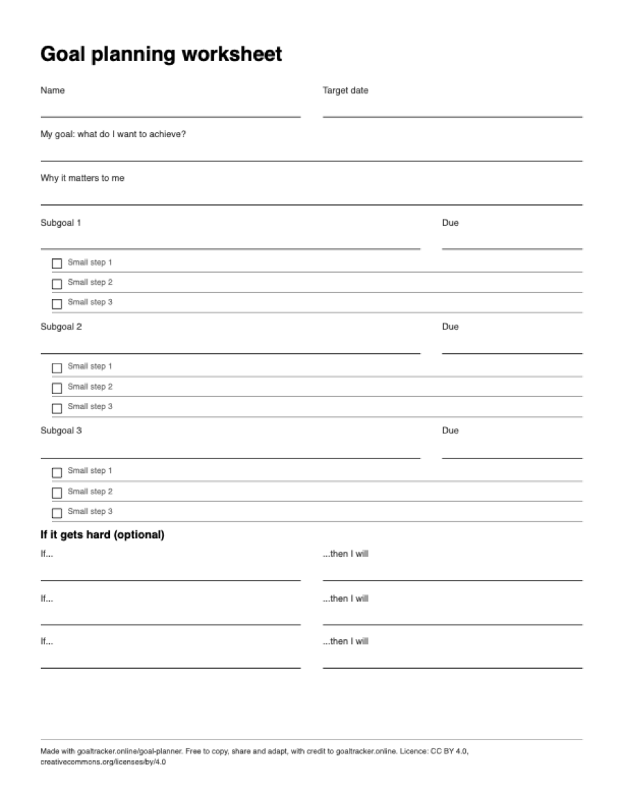 Preview of the blank goal planning worksheet PDF on US Letter paper