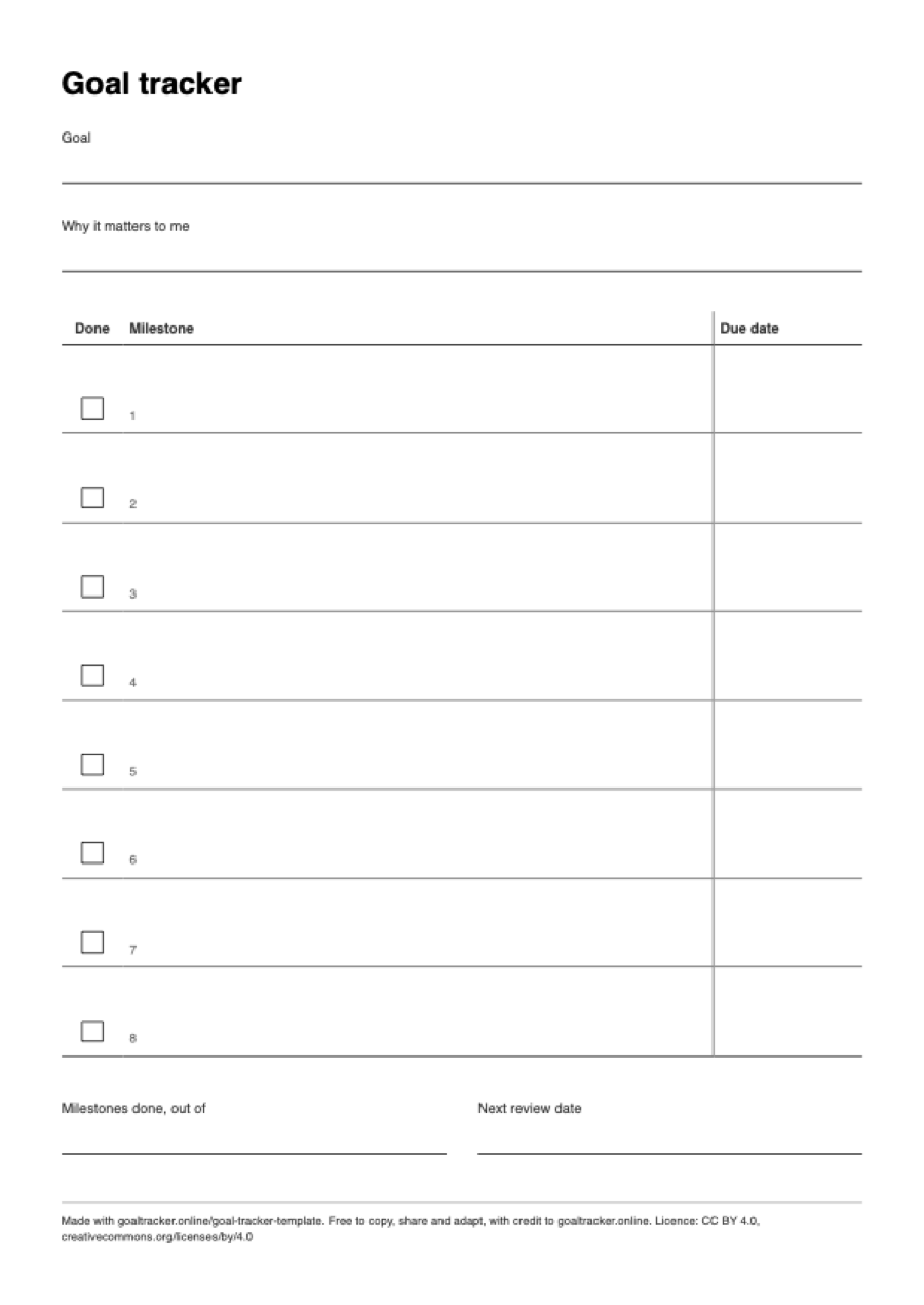 Preview of the blank goal tracker template PDF on A4 paper