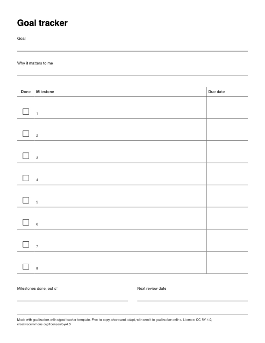 Preview of the blank goal tracker template PDF on US Letter paper