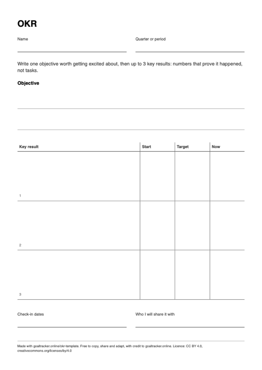 Preview of the blank OKR template PDF on A4 paper