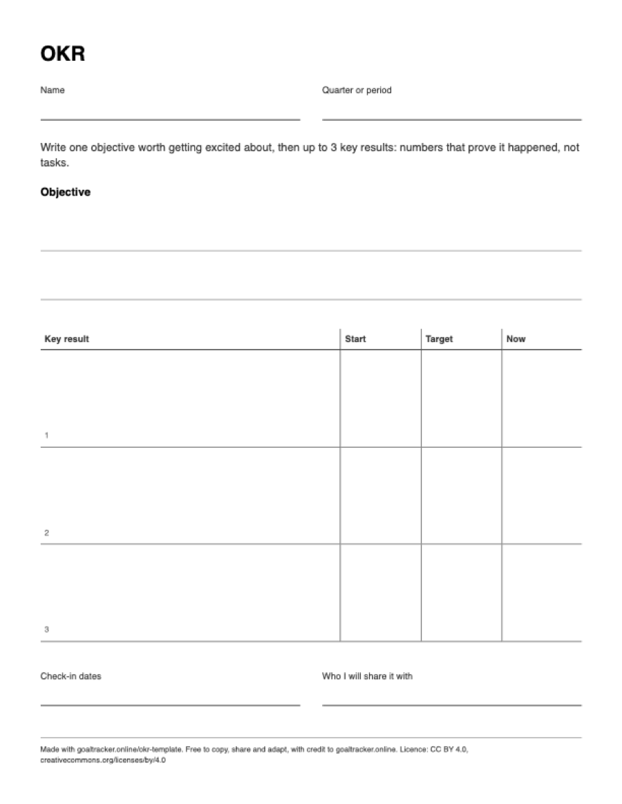 Preview of the blank OKR template PDF on US Letter paper