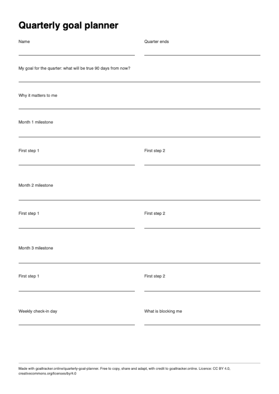 Preview of the blank quarterly goal planner PDF on A4 paper