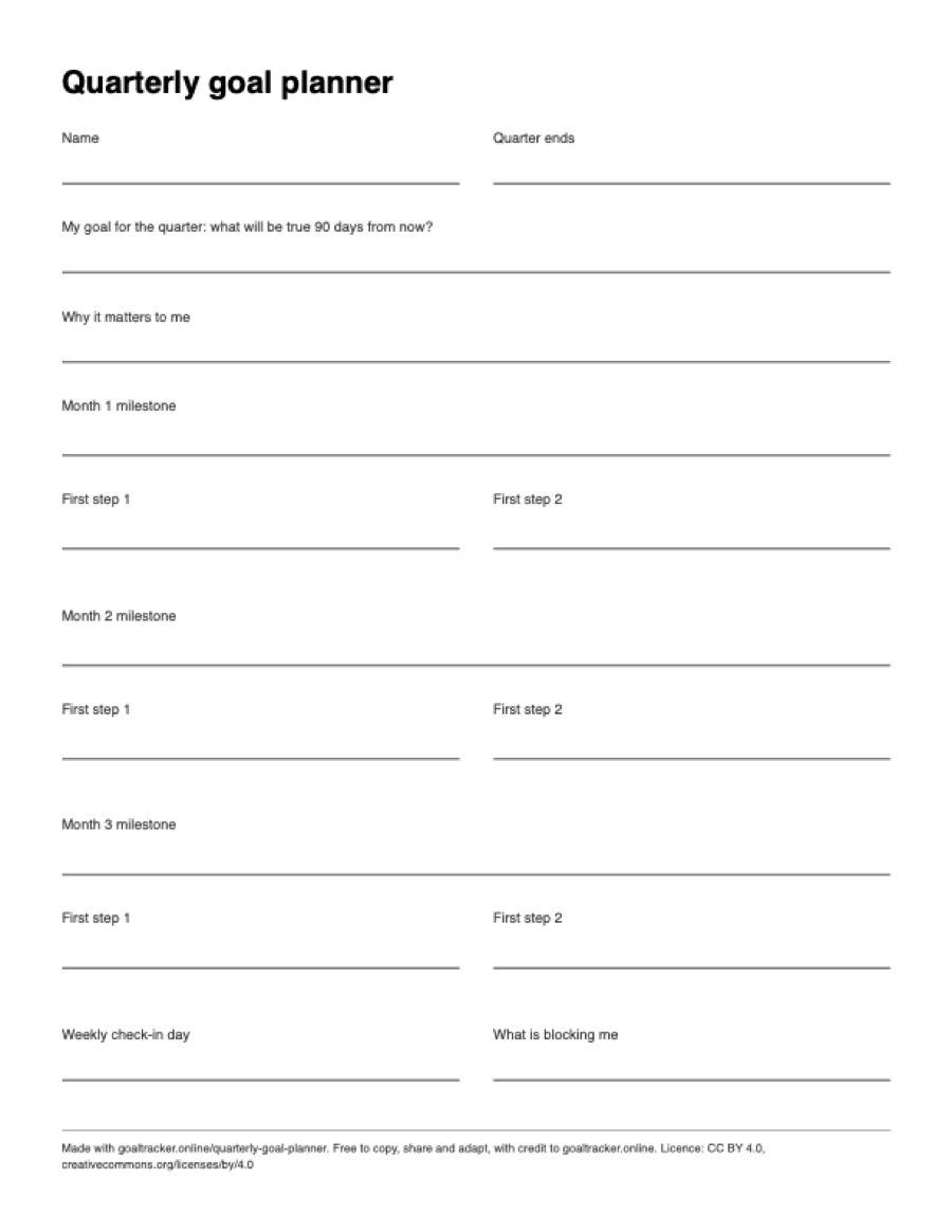Preview of the blank quarterly goal planner PDF on US Letter paper