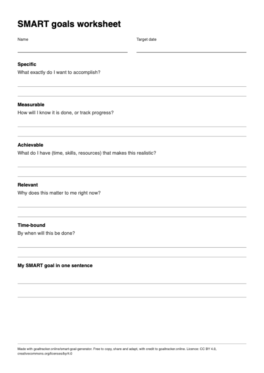 Preview of the blank SMART goals worksheet PDF on A4 paper
