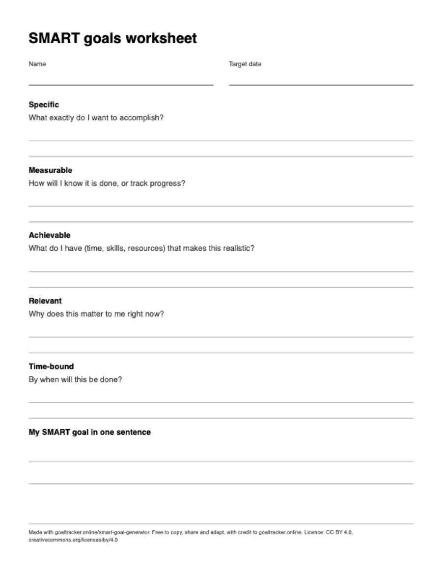 Preview of the blank SMART goals worksheet PDF on US Letter paper